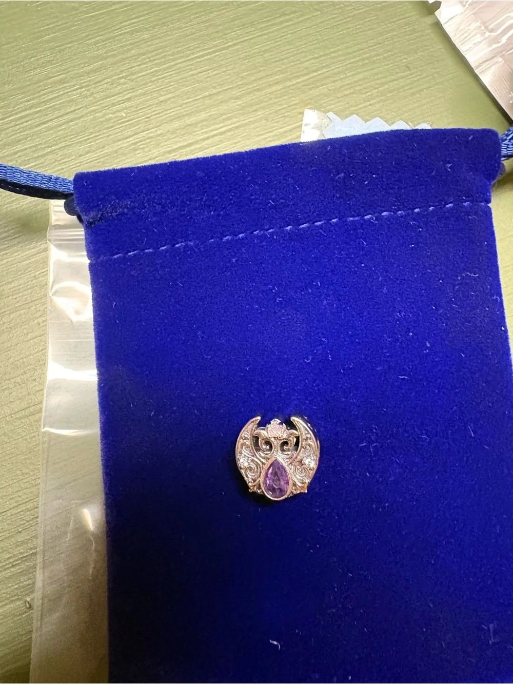 Sterling silver charm with Gold-Tone Owl  with Purple Teardrop Accent